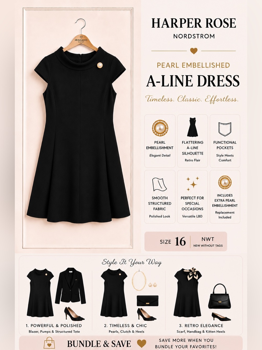 Harper Rose Classic Black A-Line Dress |Pockets | Pearl/Rhinestone Accent Sz 16